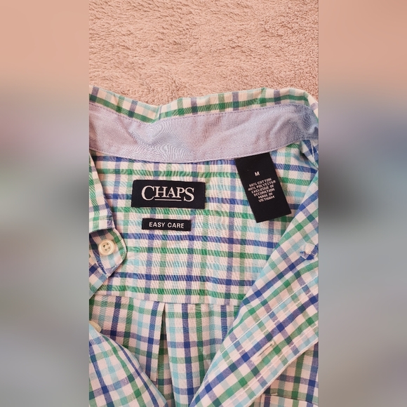 CHAPS MENS EASY CARE GREEN CHECKERED SHORT SLEEVES CASUAL DRESS SHIRT  MEDIUM M - Picture 4 of 7